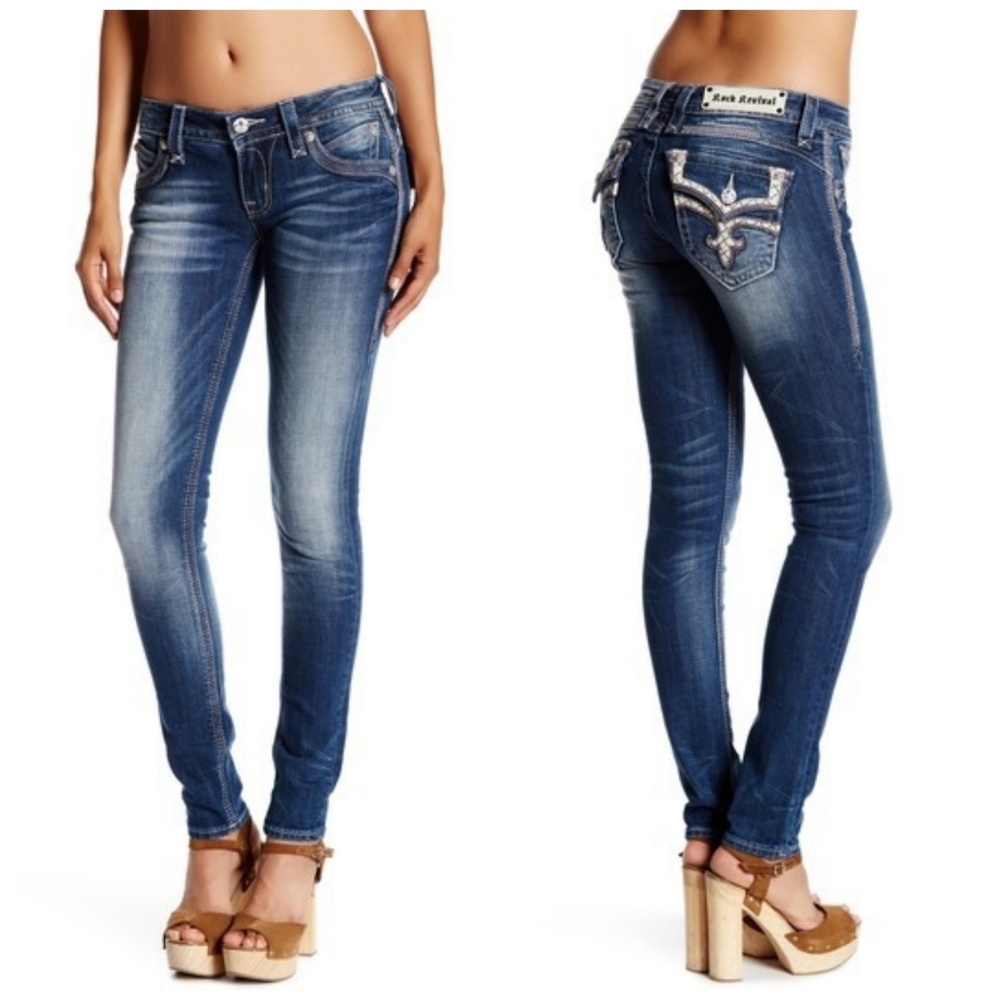 Rock Revival Metallic Topstitch Skinny Jean Sz. 27